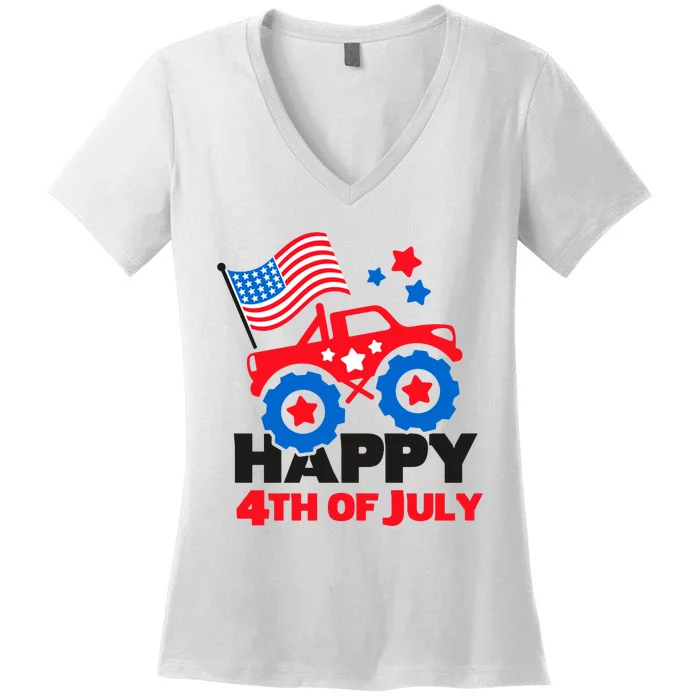 Happy 4th Of July Monster Truck American Flag Women's V-Neck T-Shirt