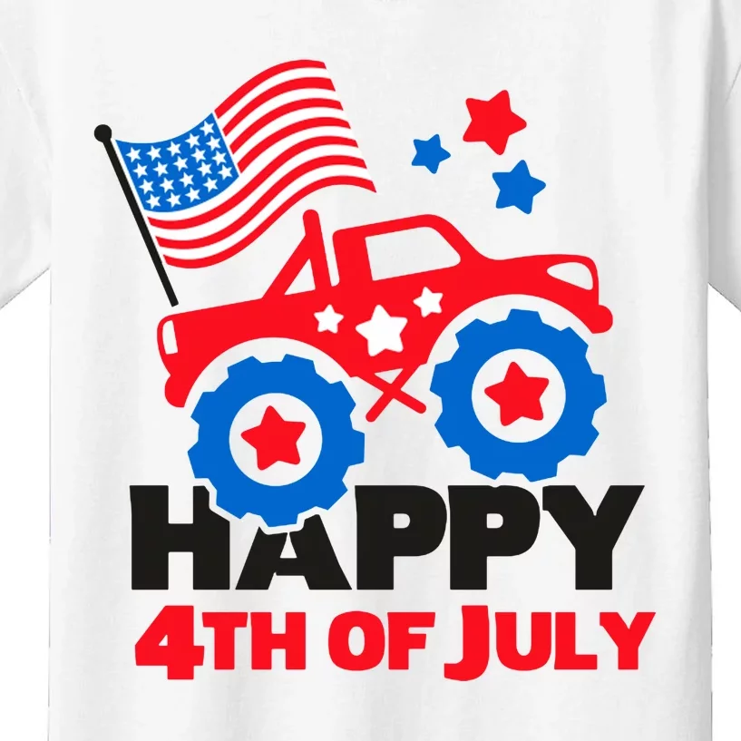 Happy 4th Of July Monster Truck American Flag Kids T-Shirt