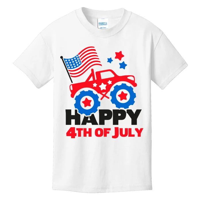 Happy 4th Of July Monster Truck American Flag Kids T-Shirt