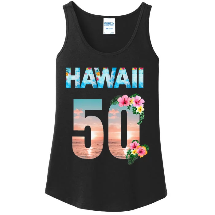 Hawaii 50th Birthday Hawaiian Aloha Beach Hibiscus Ladies Essential Tank