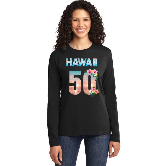 Hawaii 50th Birthday Hawaiian Aloha Beach Hibiscus Ladies Long Sleeve Shirt