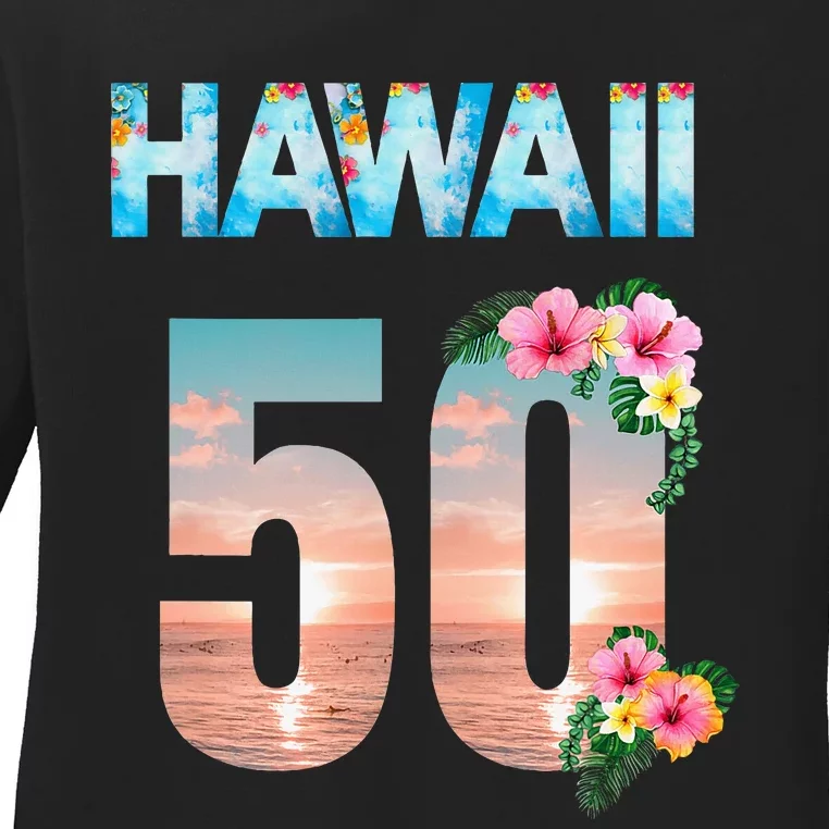 Hawaii 50th Birthday Hawaiian Aloha Beach Hibiscus Ladies Long Sleeve Shirt