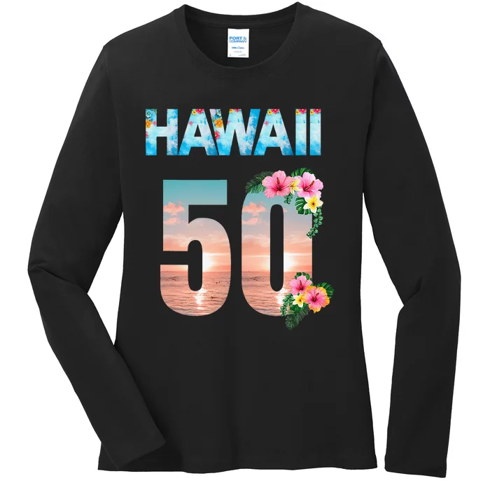 Hawaii 50th Birthday Hawaiian Aloha Beach Hibiscus Ladies Long Sleeve Shirt