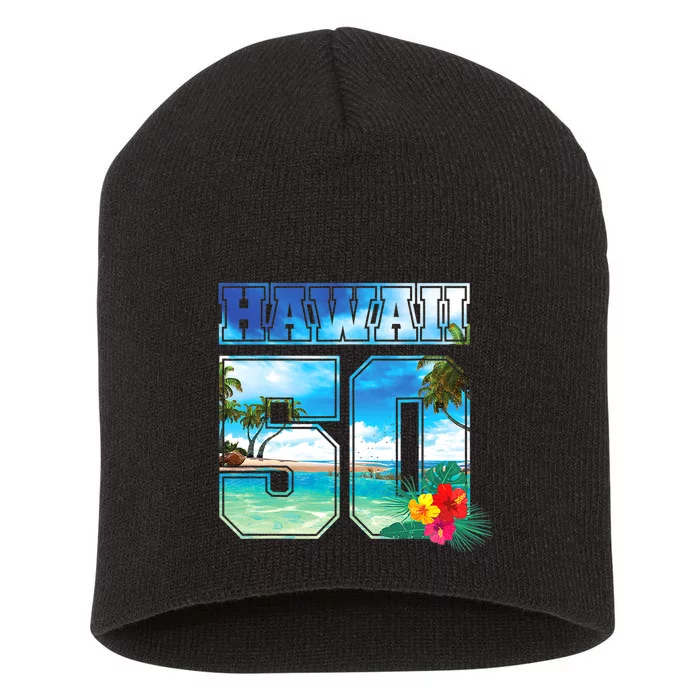 Hawaii 50th State Hawaii Hibiscus 50 Short Acrylic Beanie