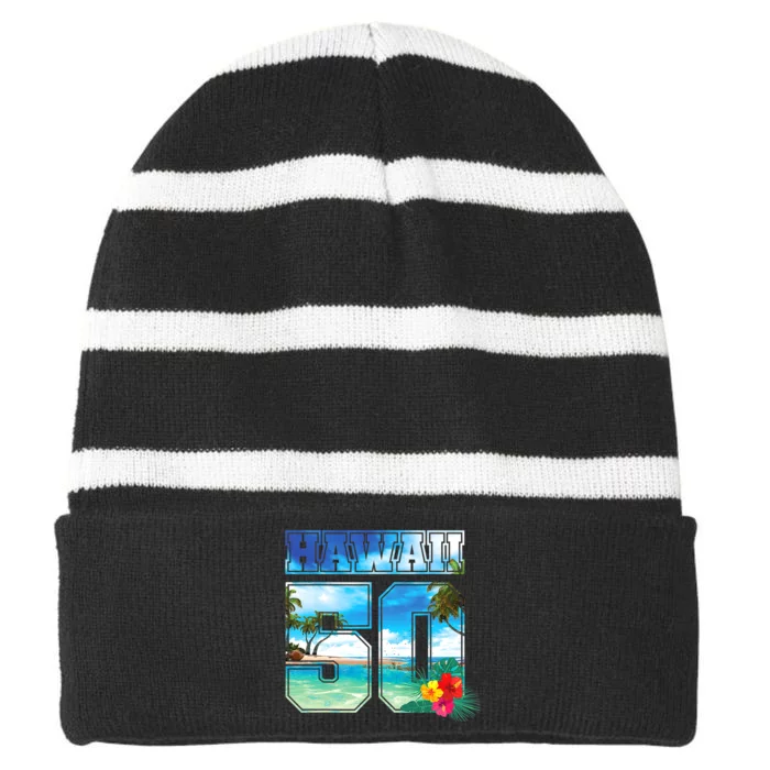 Hawaii 50th State Hawaii Hibiscus 50 Striped Beanie with Solid Band