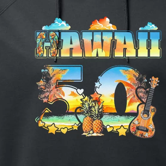 Hawaii 50Th State Hawaiian Beach Hibiscus 50 Maui Sunset Performance Fleece Hoodie