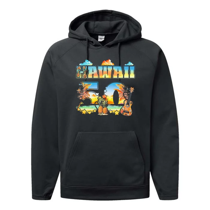 Hawaii 50Th State Hawaiian Beach Hibiscus 50 Maui Sunset Performance Fleece Hoodie