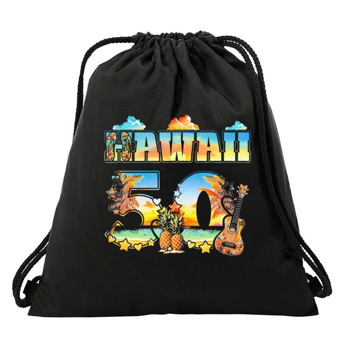 Hawaii 50Th State Hawaiian Beach Hibiscus 50 Maui Sunset Drawstring Bag