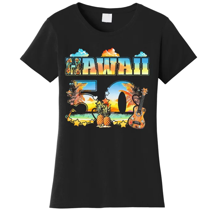 Hawaii 50Th State Hawaiian Beach Hibiscus 50 Maui Sunset Women's T-Shirt