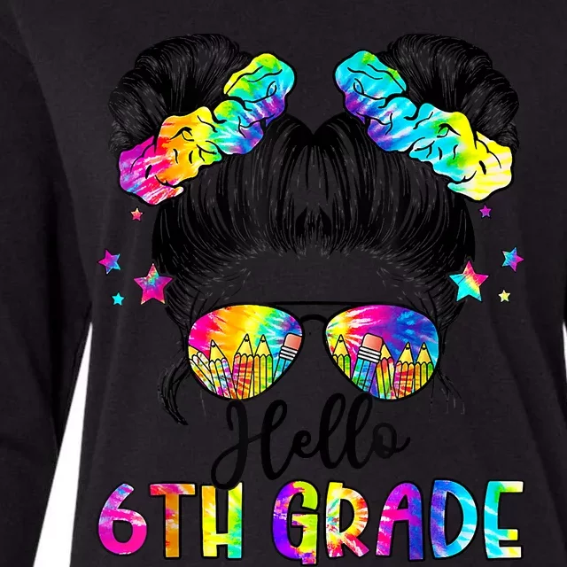 Hello 6th Grade Messy Hair Bun Girl Back To School First Day Womens Cotton Relaxed Long Sleeve T-Shirt