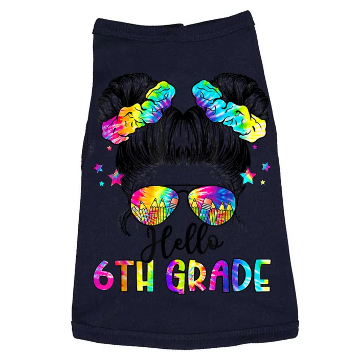 Hello 6th Grade Messy Hair Bun Girl Back To School First Day Doggie Tank