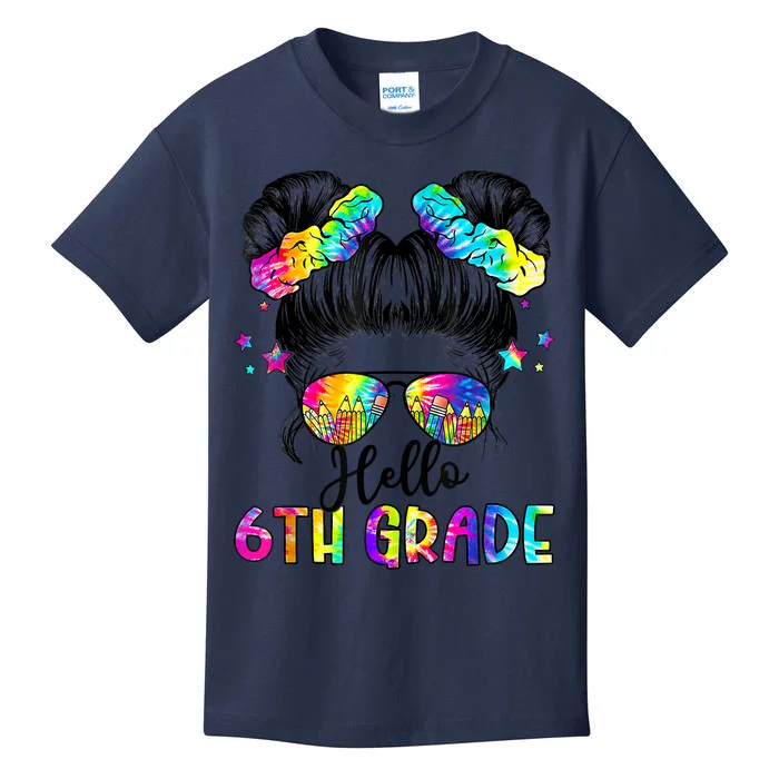 Hello 6th Grade Messy Hair Bun Girl Back To School First Day Kids T-Shirt