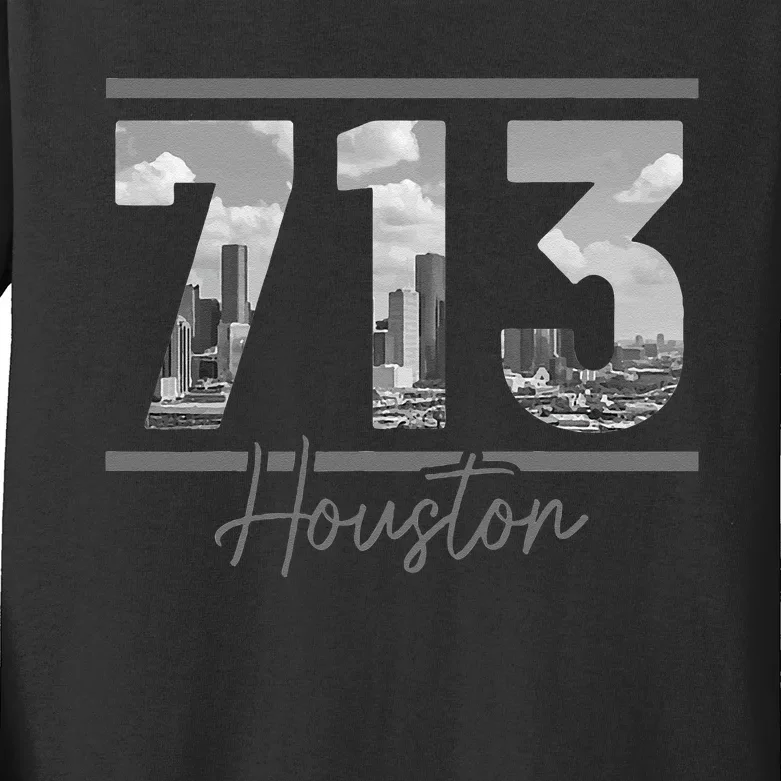 Houston 713 Area Code Skyline Texas Pride Vintage Kids Long Sleeve Shirt