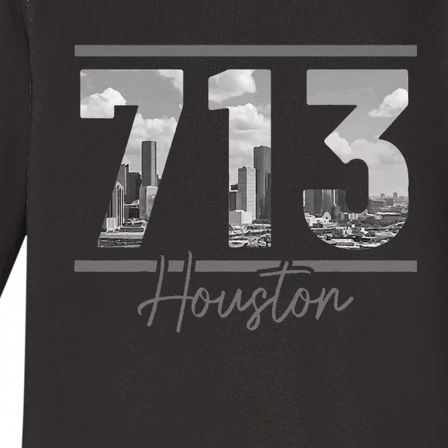 Houston 713 Area Code Skyline Texas Pride Vintage Baby Long Sleeve Bodysuit