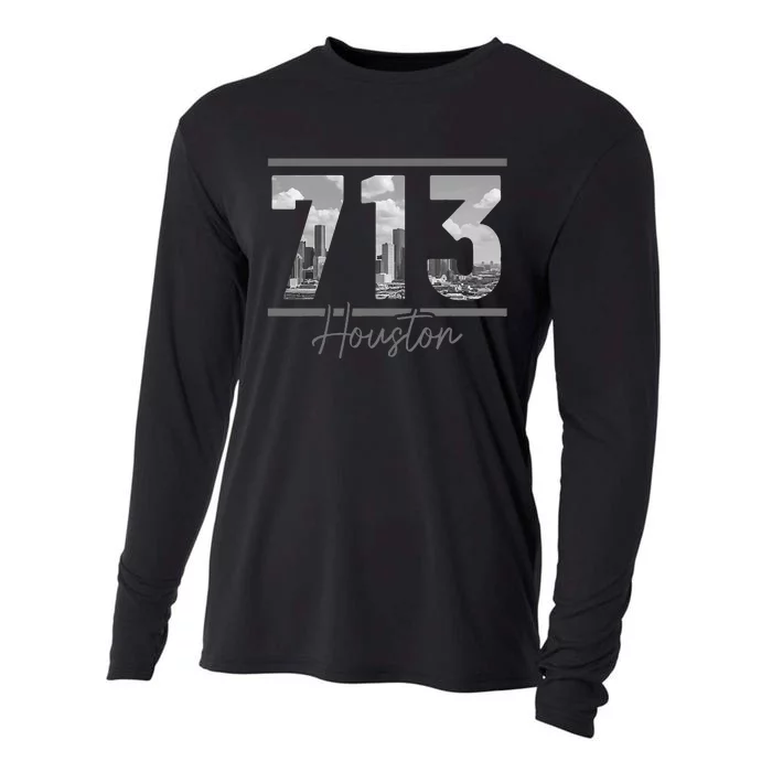 Houston 713 Area Code Skyline Texas Pride Vintage Cooling Performance Long Sleeve Crew