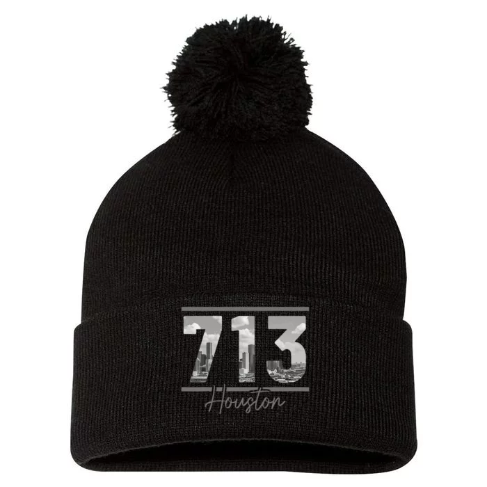 Houston 713 Area Code Skyline Texas Pride Vintage Pom Pom 12in Knit Beanie