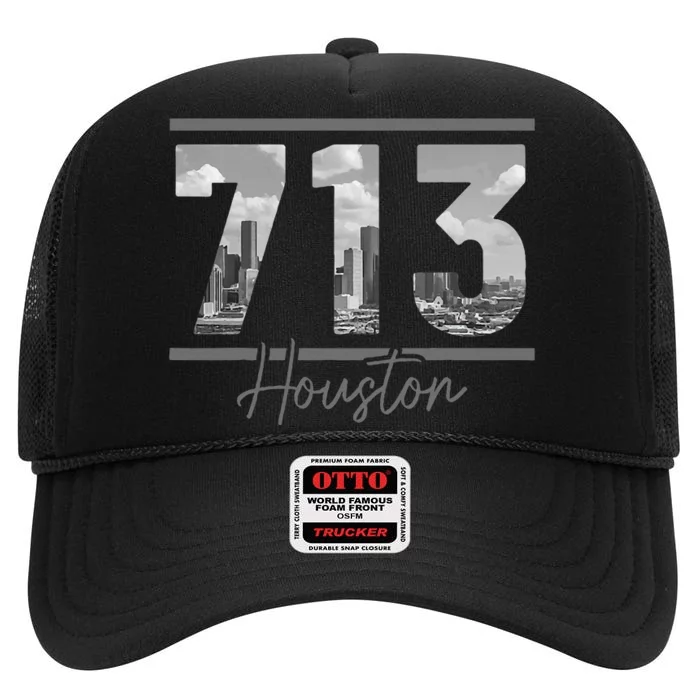 Houston 713 Area Code Skyline Texas Pride Vintage High Crown Mesh Trucker Hat