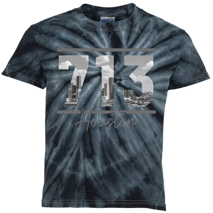 Houston 713 Area Code Skyline Texas Pride Vintage Kids Tie-Dye T-Shirt