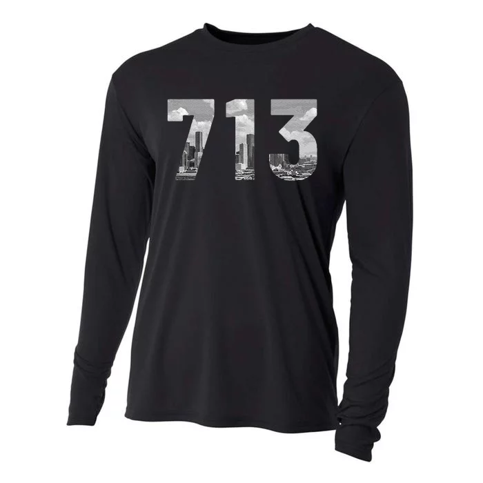 Houston 713 Area Code Skyline Texas Pride Vintage Cooling Performance Long Sleeve Crew