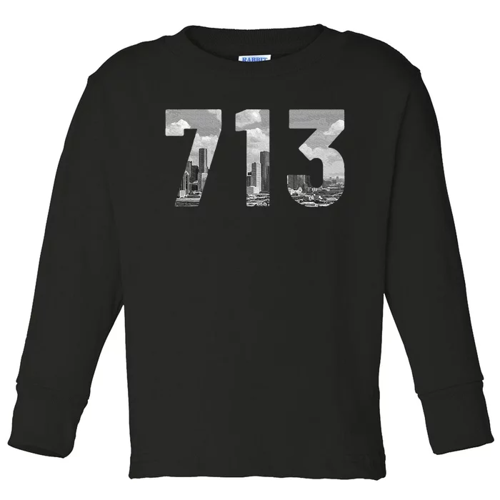 Houston 713 Area Code Skyline Texas Pride Vintage Toddler Long Sleeve Shirt