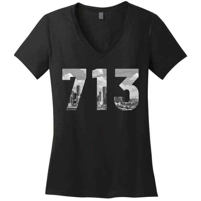 Houston 713 Area Code Skyline Texas Pride Vintage Women's V-Neck T-Shirt