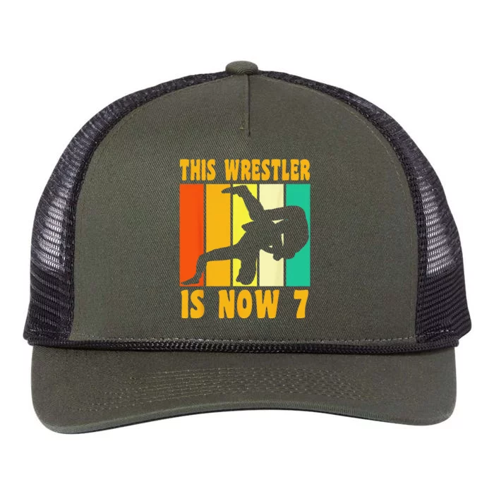 Happy 7 Birthday 7 Year Old Vintage Wrestling 7 Birthday Retro Rope Trucker Hat Cap