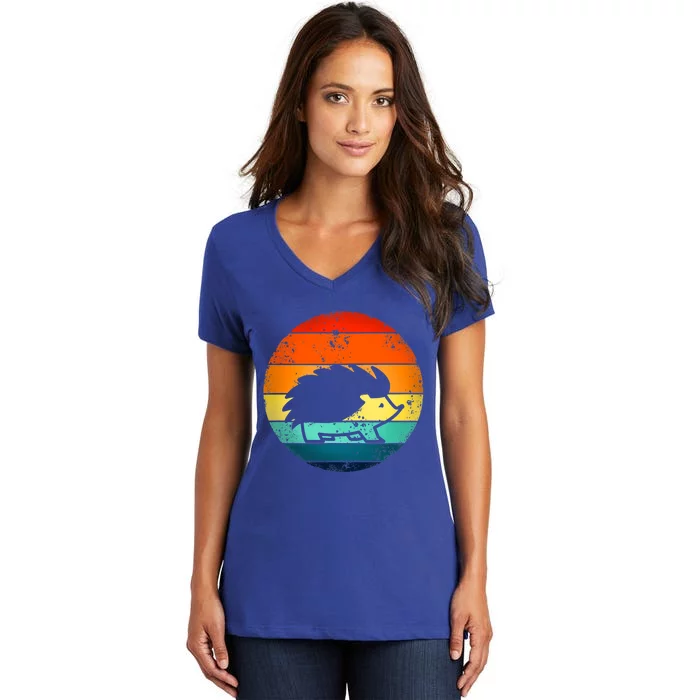 Hedgehog 70's Style Vintage Retro Sunset Hedgie Gift Great Gift Women's V-Neck T-Shirt