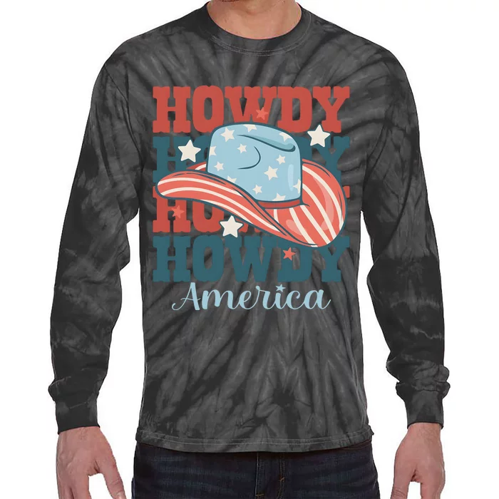 Howdy Ameria 4th Of July Cowboy Western Tie-Dye Long Sleeve Shirt