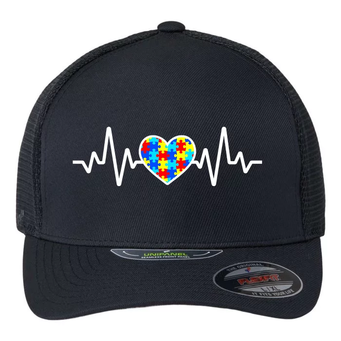 Heartbeat Autism Awareness Heart Flexfit Unipanel Trucker Cap