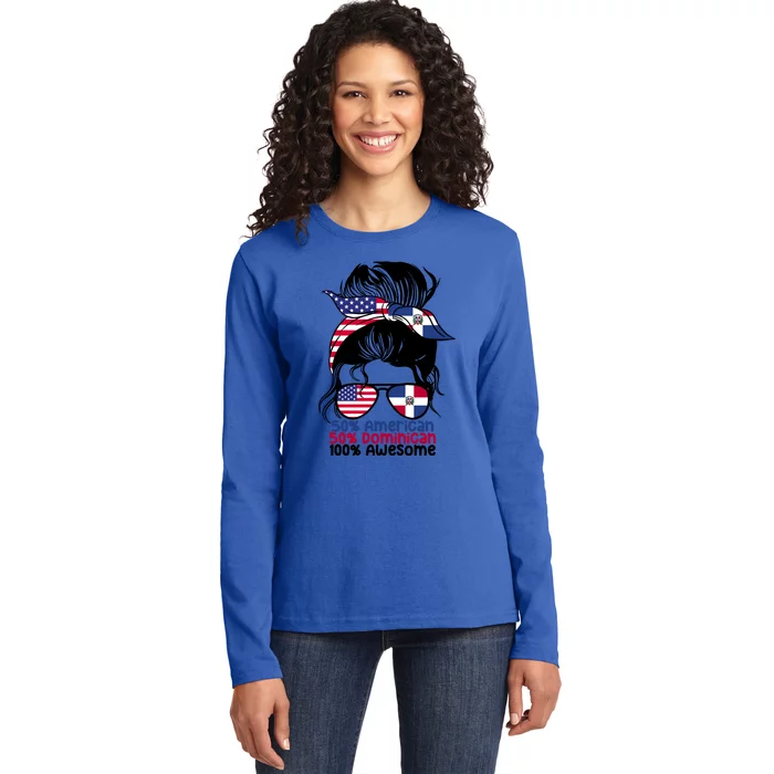 Half American And Half Dominican Messy Bun Dominicana Gift Ladies Long Sleeve Shirt