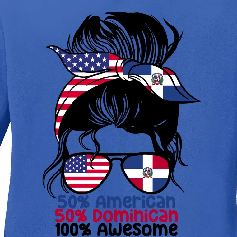 Half American And Half Dominican Messy Bun Dominicana Gift Ladies Long Sleeve Shirt