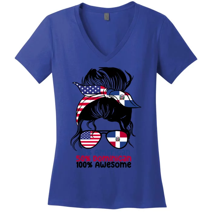 Half American And Half Dominican Messy Bun Dominicana Gift Women's V-Neck T-Shirt