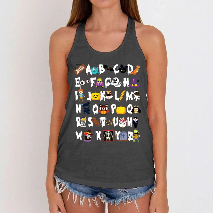 Halloween Alphabet Abcs Learning Kindergarten Teacher Women's Knotted Racerback Tank