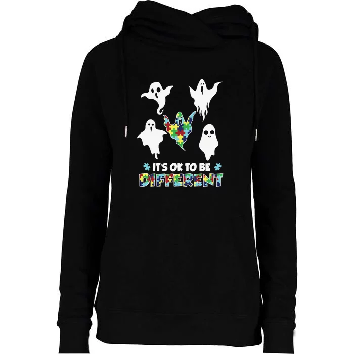 Halloween Autism Awareness Boo Ghost It's Ok To Be Different Puzzle Womens Funnel Neck Pullover Hood