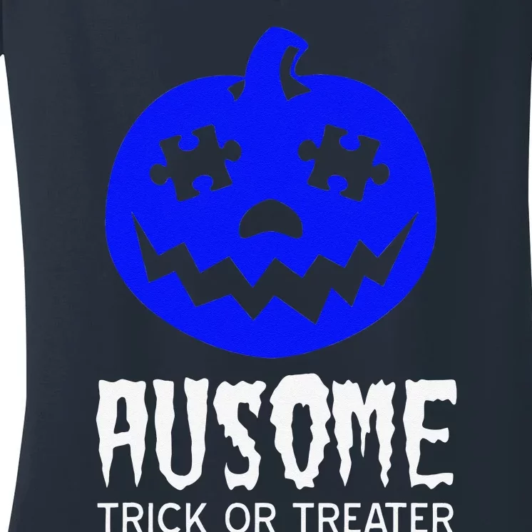 Halloween Autism Awareness Trick Or Treat Blue Pumpkin Women's V-Neck T-Shirt