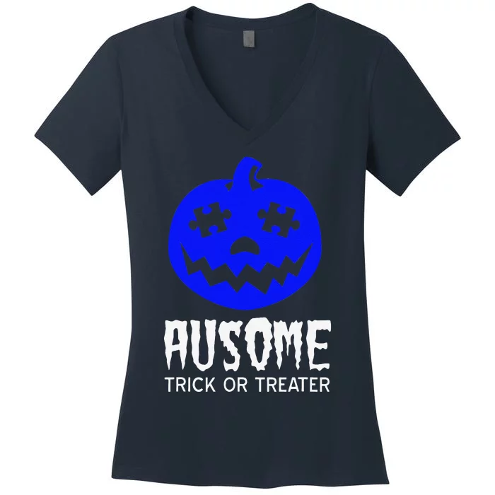 Halloween Autism Awareness Trick Or Treat Blue Pumpkin Women's V-Neck T-Shirt