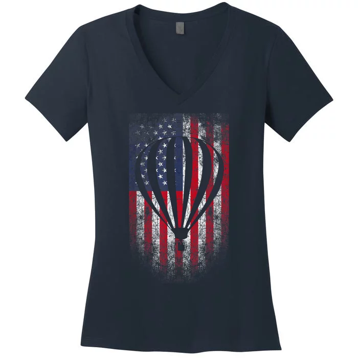 Hot Air Balloon Vintage USA Flag Women's V-Neck T-Shirt