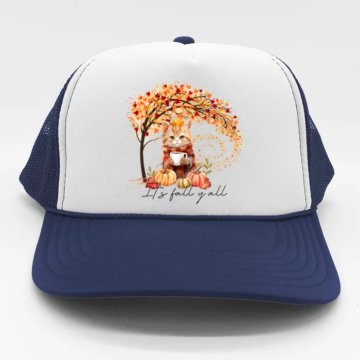 Hello Autumn Cat ItS Fall YAll Vibes Thanksgiving Coffee Cool Gift Trucker Hat