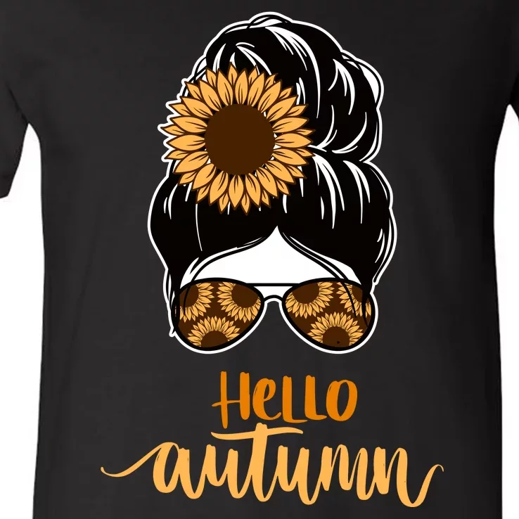 Hello Autumn Cute Bun Fall Floral V-Neck T-Shirt