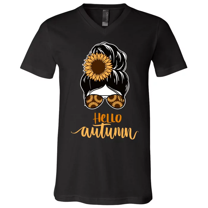 Hello Autumn Cute Bun Fall Floral V-Neck T-Shirt