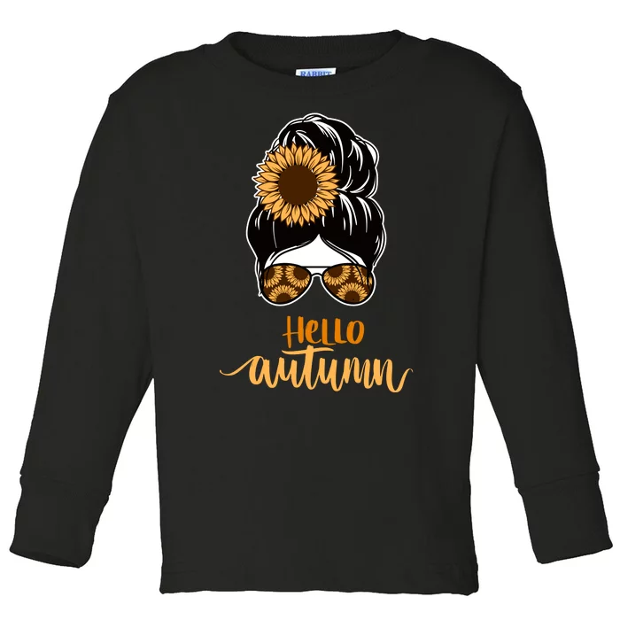 Hello Autumn Cute Bun Fall Floral Toddler Long Sleeve Shirt