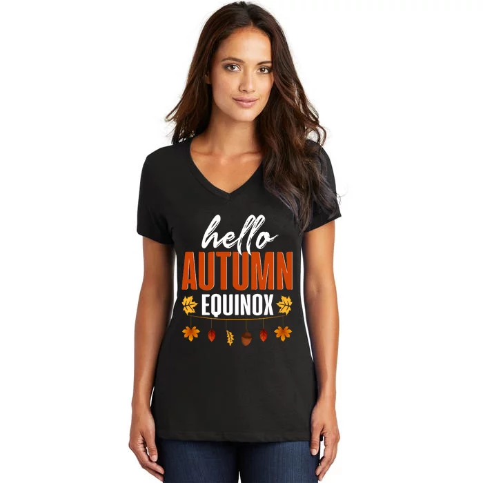 Hello Autumn Equinox Fall Leaves Graphic Women's V-Neck T-Shirt