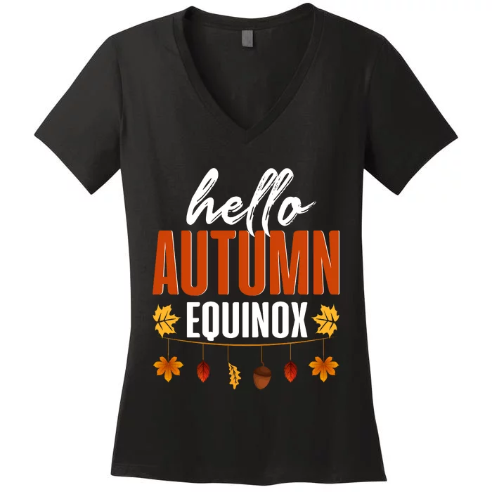 Hello Autumn Equinox Fall Leaves Graphic Women's V-Neck T-Shirt