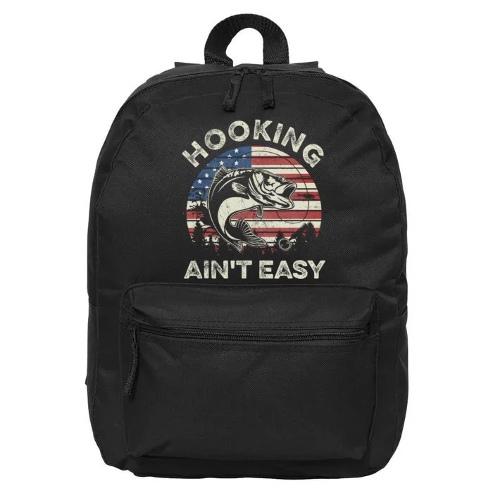 Hooking AinT Easy Vintage Funny Fishing Fisherman Usa Flag 16 in Basic Backpack