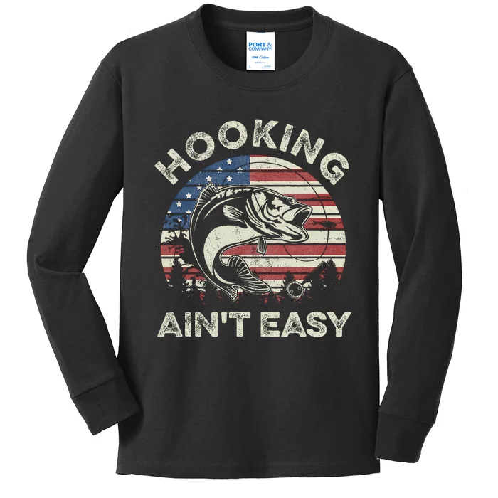 Hooking AinT Easy Vintage Funny Fishing Fisherman Usa Flag Kids Long Sleeve Shirt