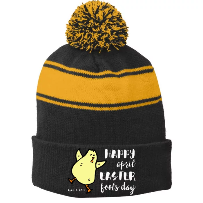 Happy April Easter Fools Day Funny Dancing Chick Stripe Pom Pom Beanie