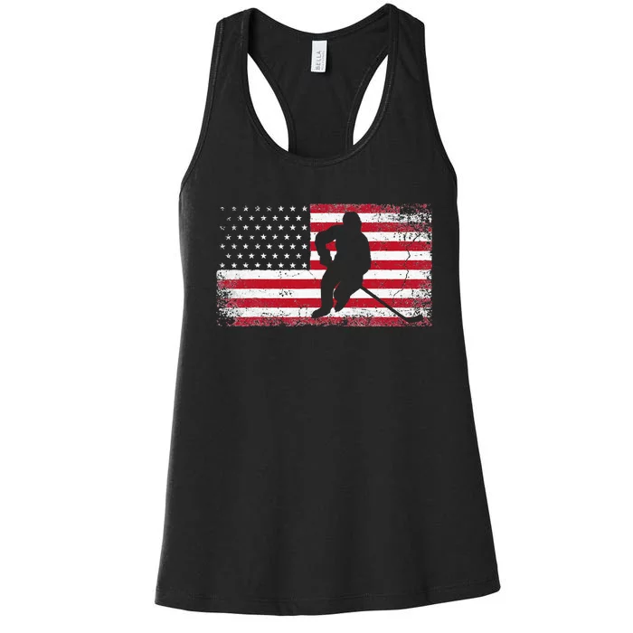 Hockey American Flag 4th Of July Patriotic USA Dad Men Son Women's Racerback Tank