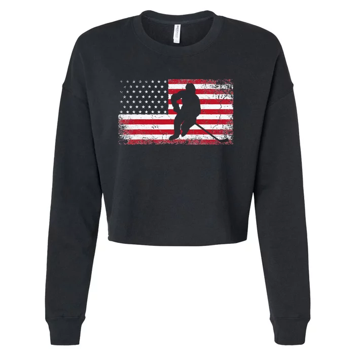 Hockey American Flag 4th Of July Patriotic USA Dad Men Son Cropped Pullover Crew