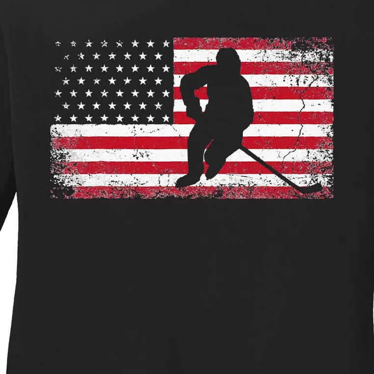 Hockey American Flag 4th Of July Patriotic USA Dad Men Son Ladies Long Sleeve Shirt