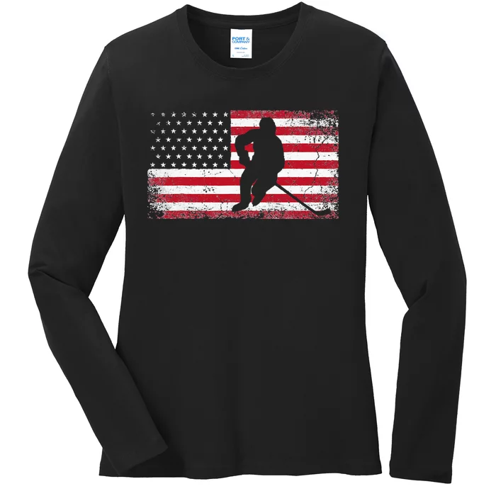 Hockey American Flag 4th Of July Patriotic USA Dad Men Son Ladies Long Sleeve Shirt